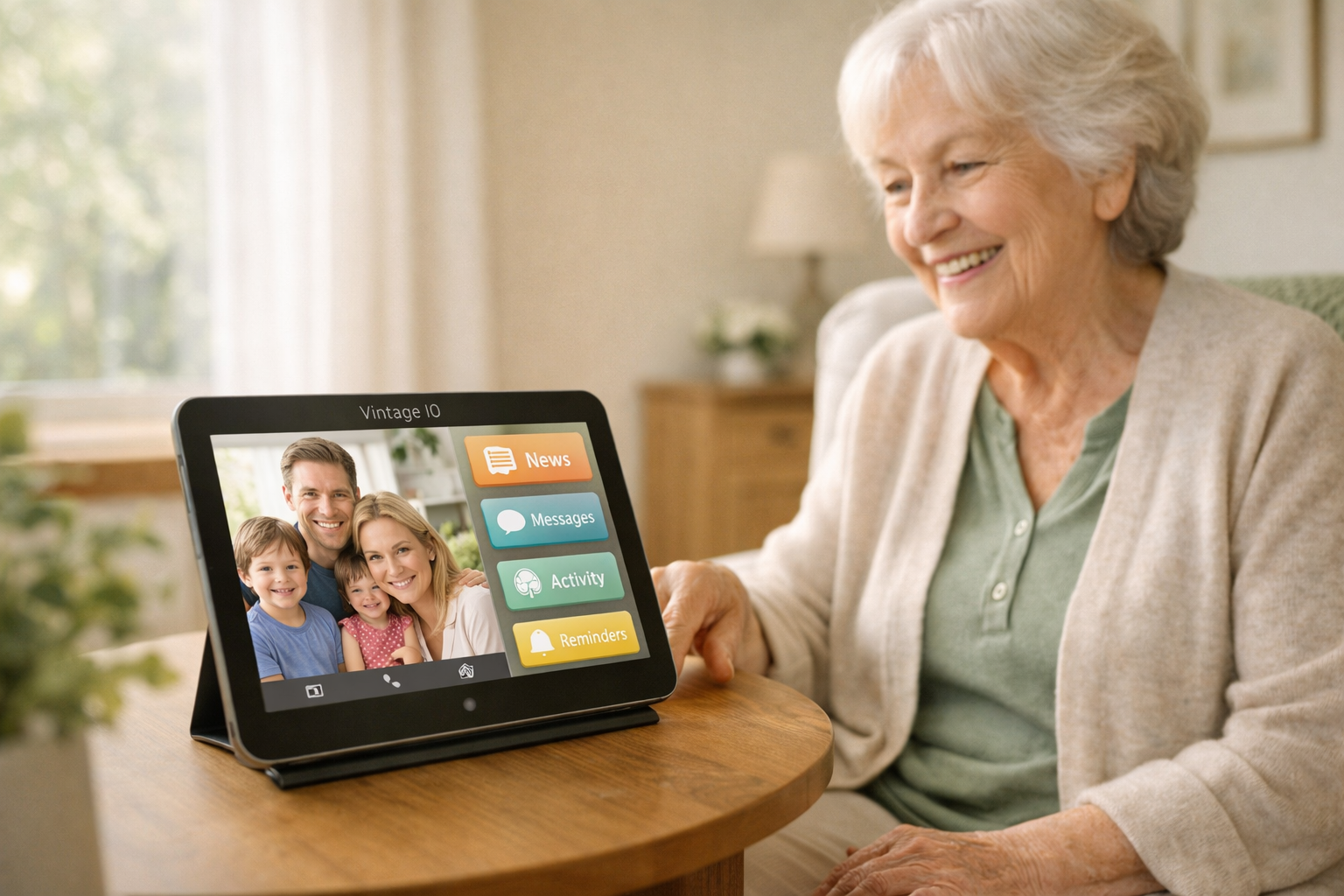 Older woman smiling while using the Vintage IO tablet to connect with family