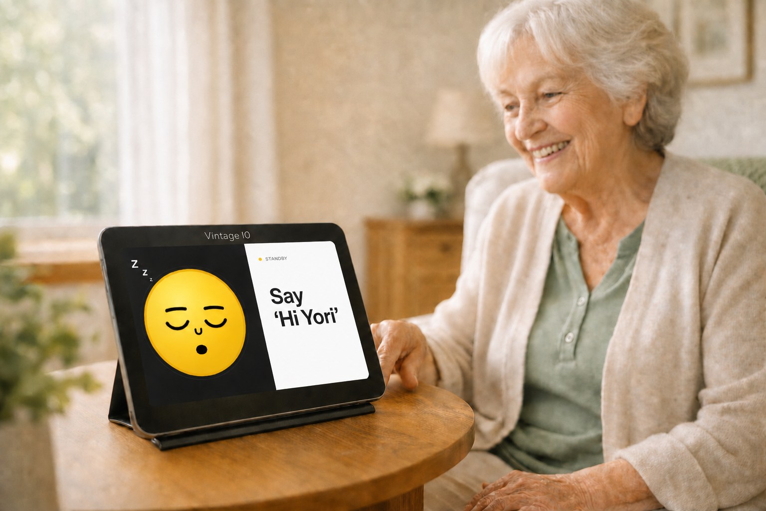 An older woman smiling beside a tablet showing Yori's simple sleeping face interface